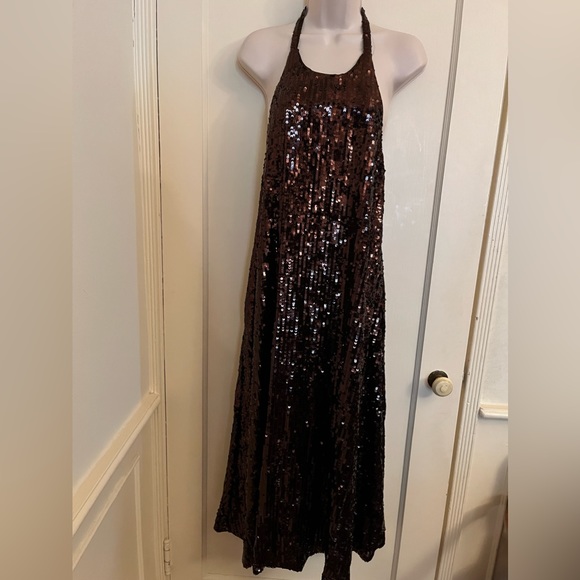 Zara Chocolate Brown Sequin Halter Maxi Dress NWT - Picture 1 of 11